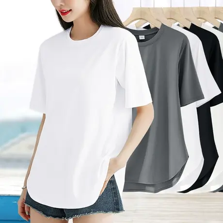 罗马天丝t恤设计感弧形下摆夏季女宽松冰感显瘦半袖薄款短袖上衣图片