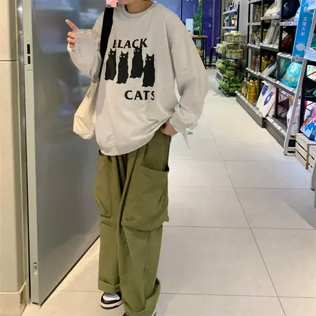 红续oversize韩版复古小猫印花卫衣女宽松休闲百搭圆领长袖上衣薄商品大图