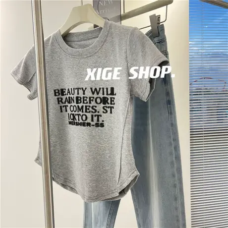 字母印花短袖T恤女夏季修身显瘦设计感弧形短款美式复古辣妹上衣商品大图
