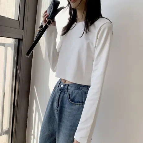 纯欲风设计感纯色长袖T恤女夏短款修身辣妹露脐上衣长袖高腰小众图片