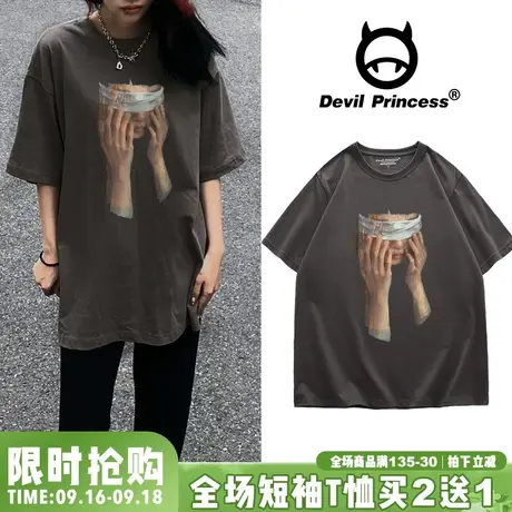 美式ins潮牌复古风深灰色T恤女vintage宽松欧货大版夏季新款上衣商品大图