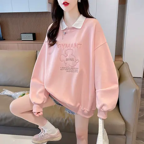 早秋娃娃领卫衣女春秋季韩版宽松慵懒风薄款polo领假两件上衣外套图片