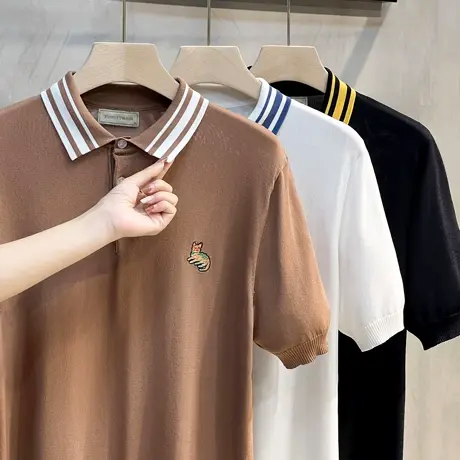 学院风夏季针织条纹polo衫男短袖修身韩版潮流冰丝休闲翻领t恤男商品大图