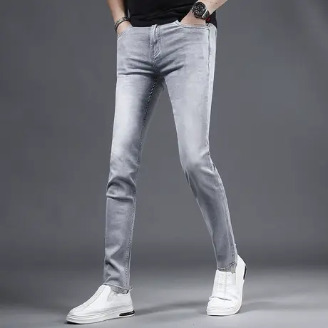 天丝牛仔裤男款夏季薄款修身小脚2023新款烟灰色弹力休闲男士裤子图片