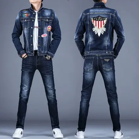 高档刺绣牛仔外套男士夹克上衣2023新款牛仔套装男款裤子潮流修身图片