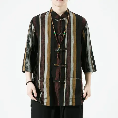 新中式男装亚麻短袖衬衫男夏季宽松国潮盘扣唐装潮流中国风衬衣潮商品大图