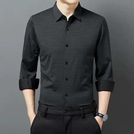 春秋季无痕弹力衬衫男长袖修身潮流商务工装休闲男士黑色打底衬衣商品大图