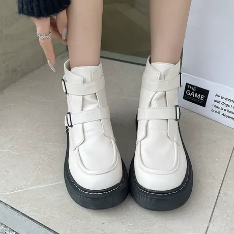 ins甜酷白厚底马丁靴女小个子2023年新款瘦瘦靴魔术贴圆头短靴潮图片