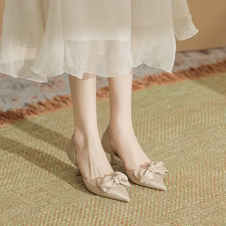 尖头高跟鞋女细跟2023年夏季新款性感气质法式少女蝴蝶结包头凉鞋商品大图