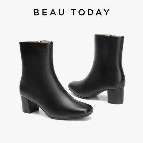 BeauToday瘦瘦靴高跟短靴黑色靴子女2023新款中筒靴女马丁靴皮靴图片
