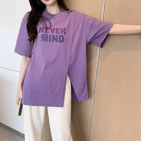 大码女装开叉短袖t恤女夏季新款宽松韩版胖mm显瘦百搭上衣潮200斤商品大图