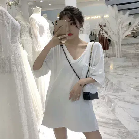 大码V领女夏装胖妹妹宽松中长款开叉不规则短袖T恤百搭上衣200斤商品大图