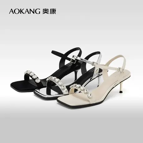 奥康女鞋 夏季新款方头水钻仙女风一字带细跟时装凉鞋单鞋女图片