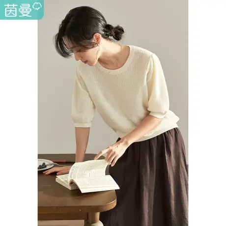 【商场同款】茵曼2023春女装新款素雅苎麻圆领中袖修身针织衫上衣图片