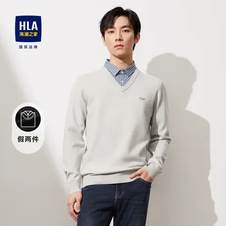 HLA/海澜之家修身双领针织衫2023秋季新款柔软保暖套头衫假两件男商品大图