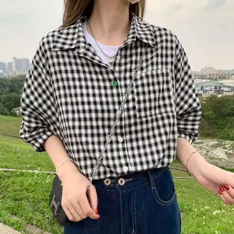 短袖格子衬衫女夏季新款2023爆款设计感女小众显瘦衬衣泡泡袖上衣商品大图