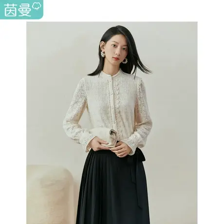 【商场同款】茵曼设计感蕾丝衬衫2023冬季女装新款立领灯笼袖上衣商品大图