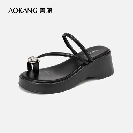 奥康女鞋 2024夏季新款简约厚底水钻套指凉拖鞋优雅甜美显高凉鞋图片