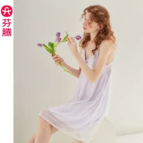芬腾吊带睡裙女夏季薄款带胸垫睡衣裙女款性感蕾丝休闲家居服中裙图片