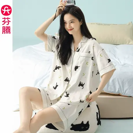 芬腾纯棉睡衣女夏季薄款短袖短裤套装韩版休闲女款夏天大码家居服商品大图
