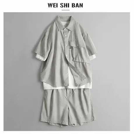 潮牌凉感工装风多口袋休闲套装夏季薄款痞帅机能风短裤+短袖衬衫图片