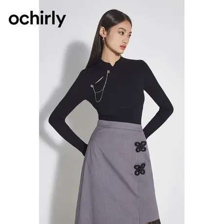 【品牌甄选】欧时力 旗袍领修身针织衫23新款秋装链饰国风新中式商品大图