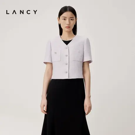 LANCY/朗姿2024夏季法式v领小香风外套短袖紫优雅时尚外穿上衣女图片