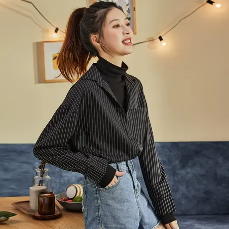 唐狮长袖衬衫女冬季新款假两件设计感小众衬衣复古港味上衣图片