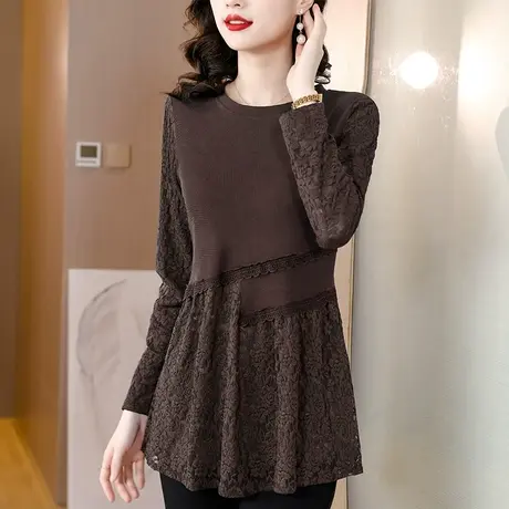 秋冬装蕾丝打底衫女2023年新款加绒加厚保暖内搭洋气接拼长袖小衫商品大图