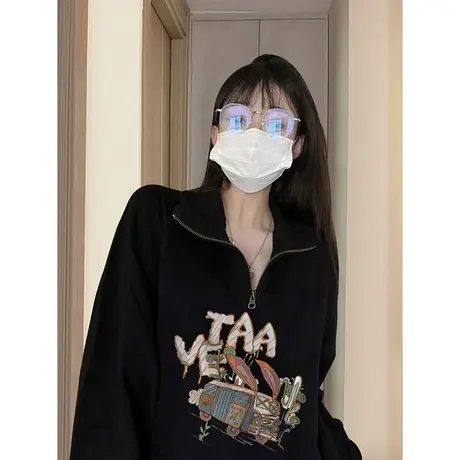 polo衫女长袖v领卫衣胖mm显瘦半拉链设计感小众ins潮大码宽松上衣商品大图