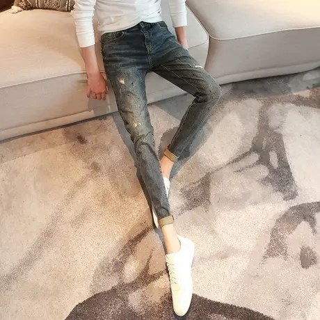 做旧破洞泼墨小脚牛仔裤男潮流修身韩版铅笔裤2023秋冬新款长裤子商品大图
