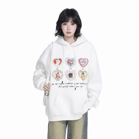 YEP白色印花连帽卫衣女春季2025新款套头连帽衫宽松美式复古上衣商品大图