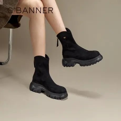 千百度厚底增高弹力靴袜靴女款百搭冬季气质增高洋气小短靴保暖商品大图