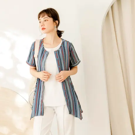 桔熊夏季两件套上衣不规则下摆条纹衬衫背心女胖妹妹大码AB15761商品大图