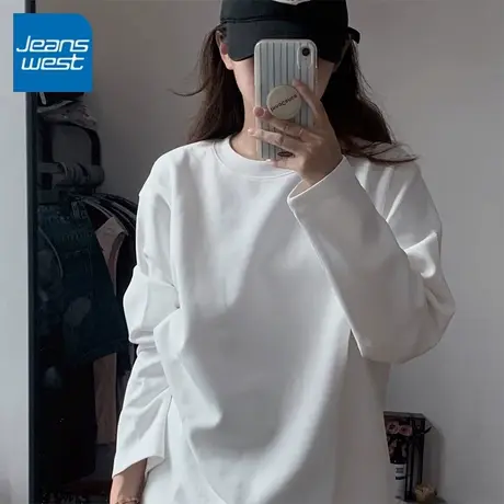 KV真维斯白色长袖t恤女纯棉透气2025新款春秋季小个子宽松打底衫商品大图