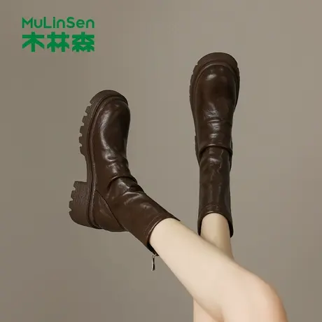木林森女鞋2025新款冬季百搭堆堆靴厚底粗跟中筒靴女士加绒时装靴商品大图