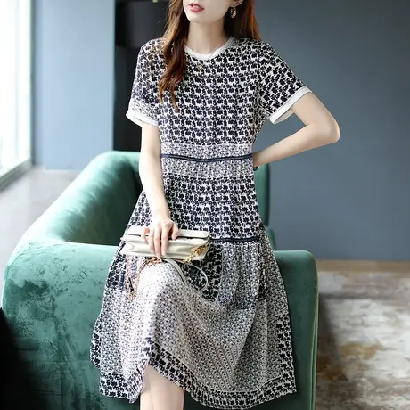 宝诗黎圆领桑蚕丝印花连衣裙女2023夏季新款短袖宽松真丝中长裙子商品大图