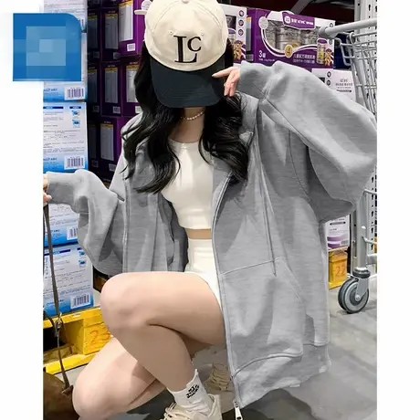 灰色卫衣外套女2025新款早秋季小个子宽松慵懒风连帽开衫拉链上衣图片