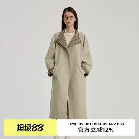 omont蛋挞家 复古撞色格纹风衣外套女2025春季宽松立领中长款大衣商品大图