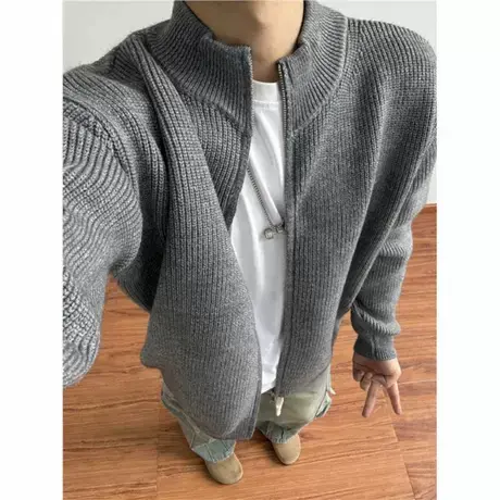 cleanfit灰色拉链毛线衣男春秋半高领针织开衫慵懒高级感正肩外套商品大图