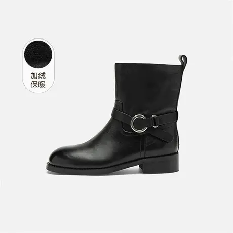 奥莱专供Nine West/玖熙加绒短靴女皮带圆扣通勤时装靴低跟女靴子图片