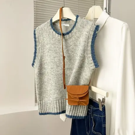 唐狮秋冬温柔风撞色边设计圆领套头马甲女春秋外穿高级感百搭tu图片