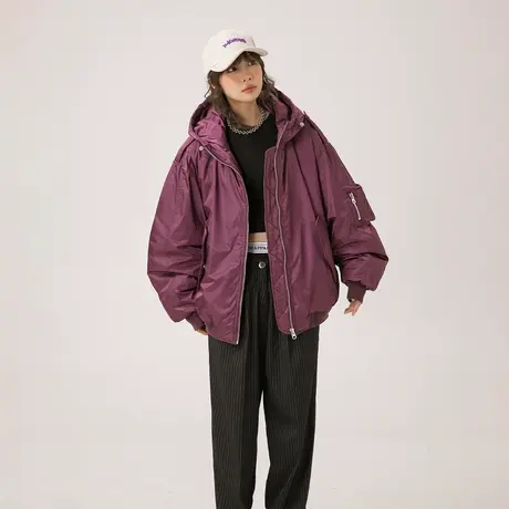 复古连帽棉服女2023新款街头潮牌加厚冬季外套宽松运动棒球服棉衣图片