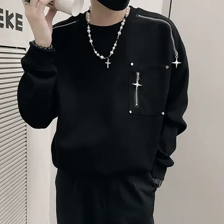 美式重工个性拉链拼接设计感秋季卫衣男高街发型师长袖上衣体恤商品大图