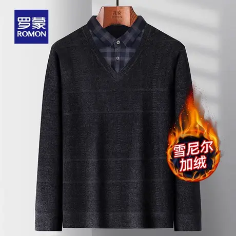 【雪尼尔】罗蒙男士加绒保暖针织衫2023秋冬新款衬衫领假两件毛衣图片