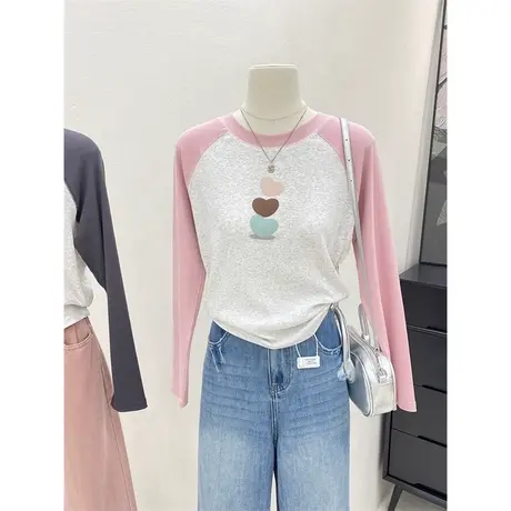 童趣风撞色插肩袖T恤女秋季韩版修身显瘦内搭短款打底小衫上衣服图片