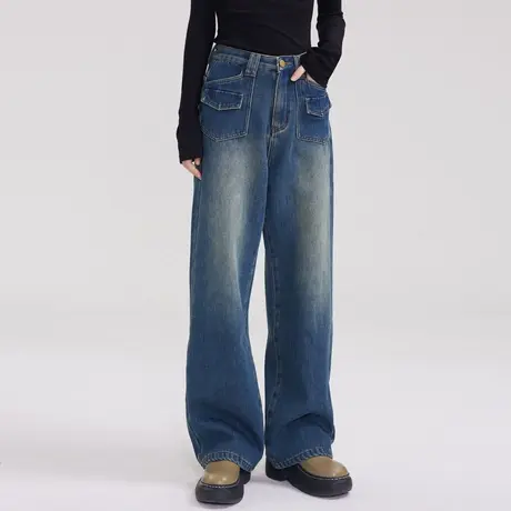 冬季加绒加厚裤子美式复古高腰直筒加绒牛仔裤2023年新款女阔腿裤商品大图