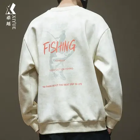 希越精品棉重磅卫衣圆领男士秋冬季宽松大码印花加绒加厚长袖打底商品大图