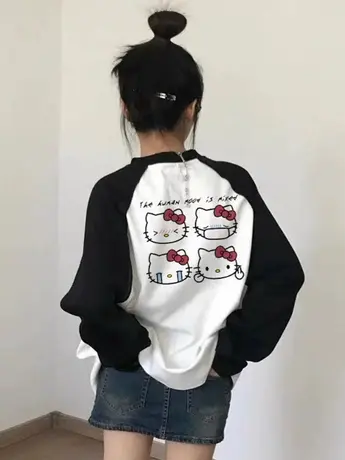 2023新款爆款长袖t恤女可爱kt猫插肩纯棉秋冬内搭打底衫上衣图片