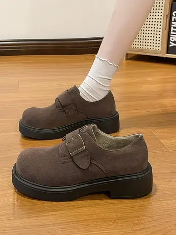 2023秋冬季厚底爆款磨砂勃肯鞋复古软底豆豆鞋女粗跟一脚蹬乐福鞋商品大图